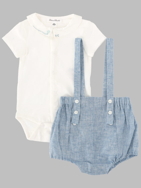Baby Blue Linen-Blend Dungarees And Bodysuit Set Linen Blend Dress