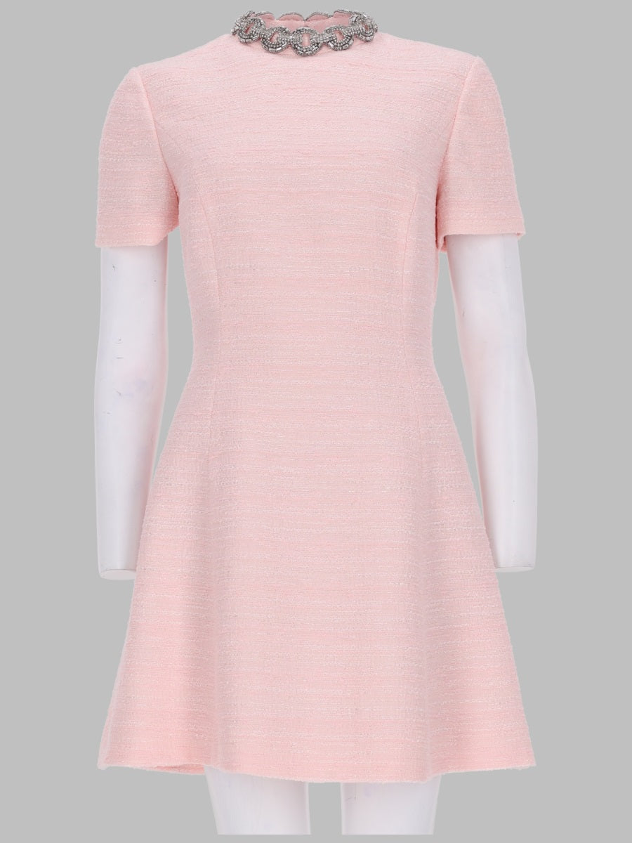 Short Dress Crinkle Cotton Tweed Pink