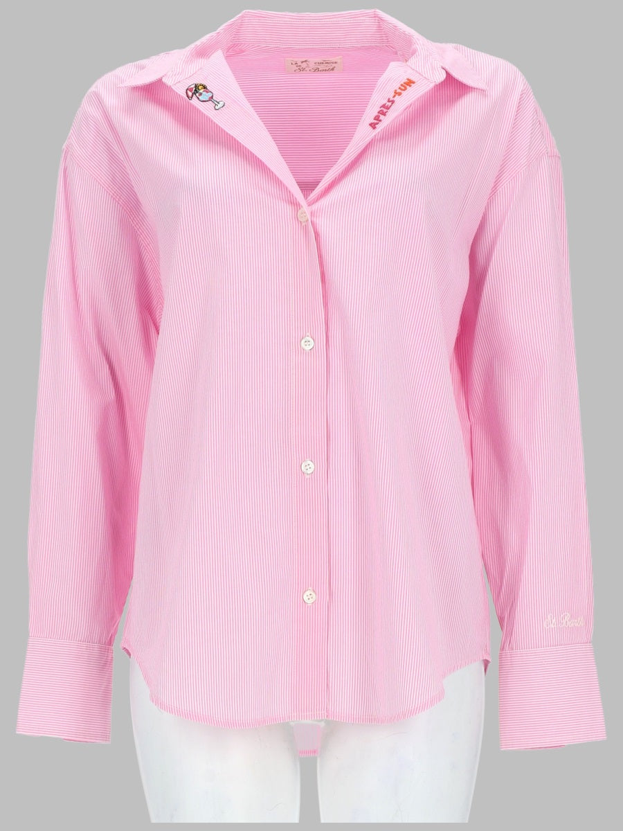 Striped Embroidered Shirt Pink Cotton