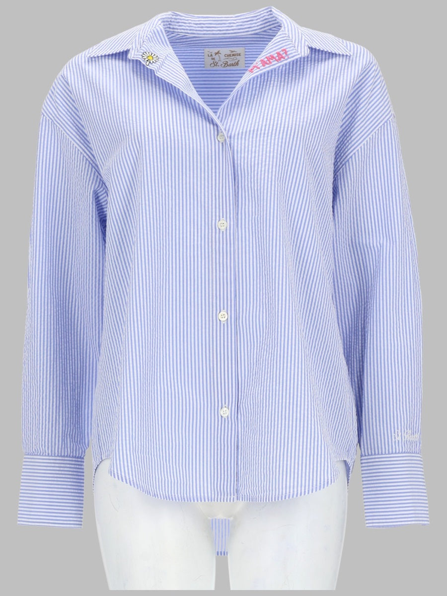 Shirt Striped With Embroidery Baby Blue Cotton