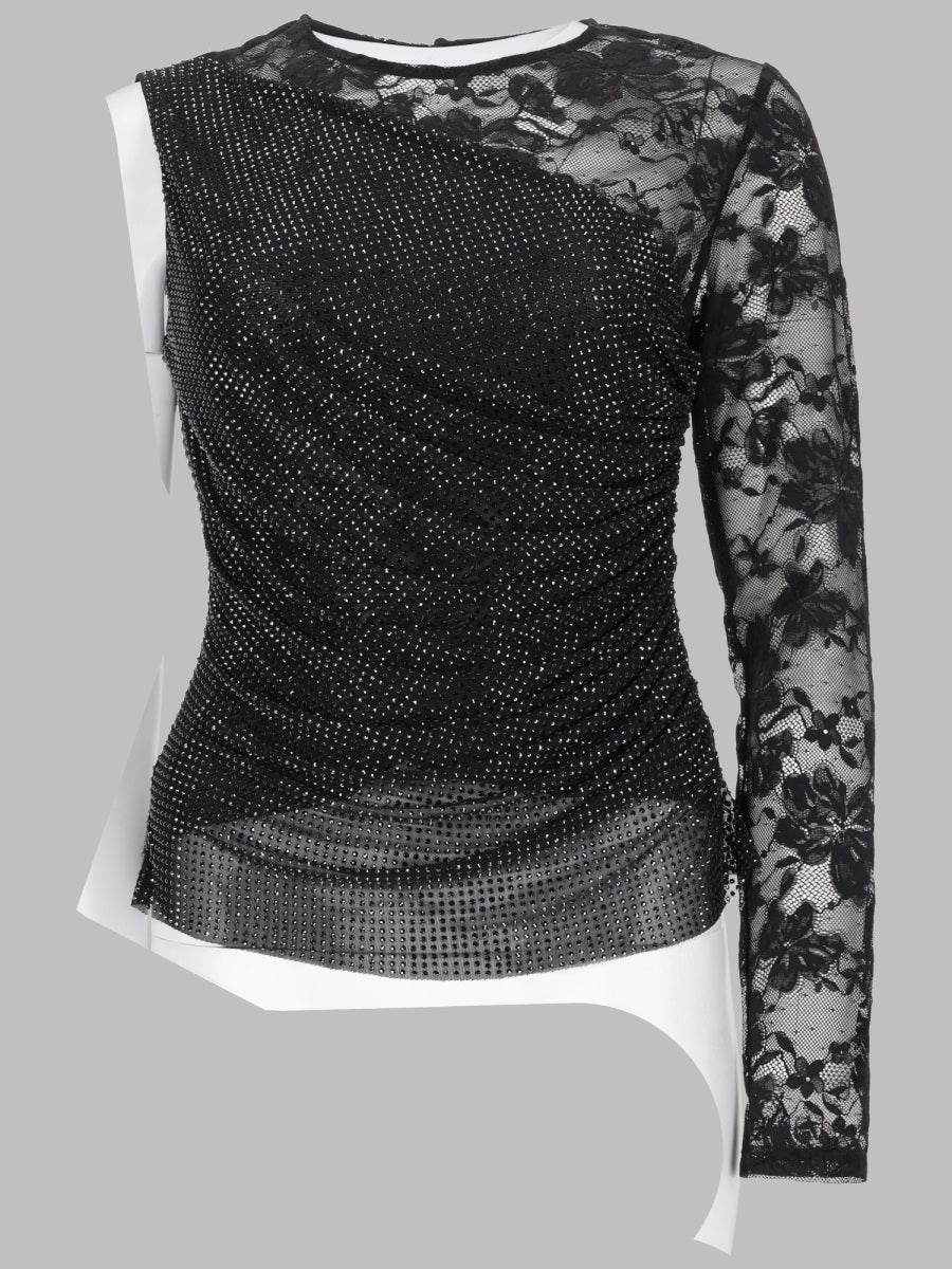 One-Shoulder Lace Top With Rhinestones, Black Polyester Tops