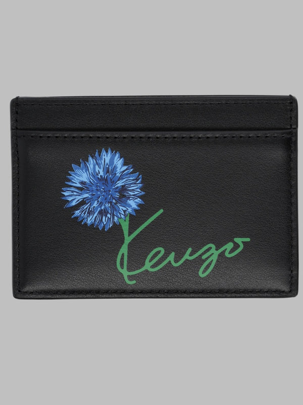 Card Holder With Logo Print Black Leather Cow Wallets & Purses
