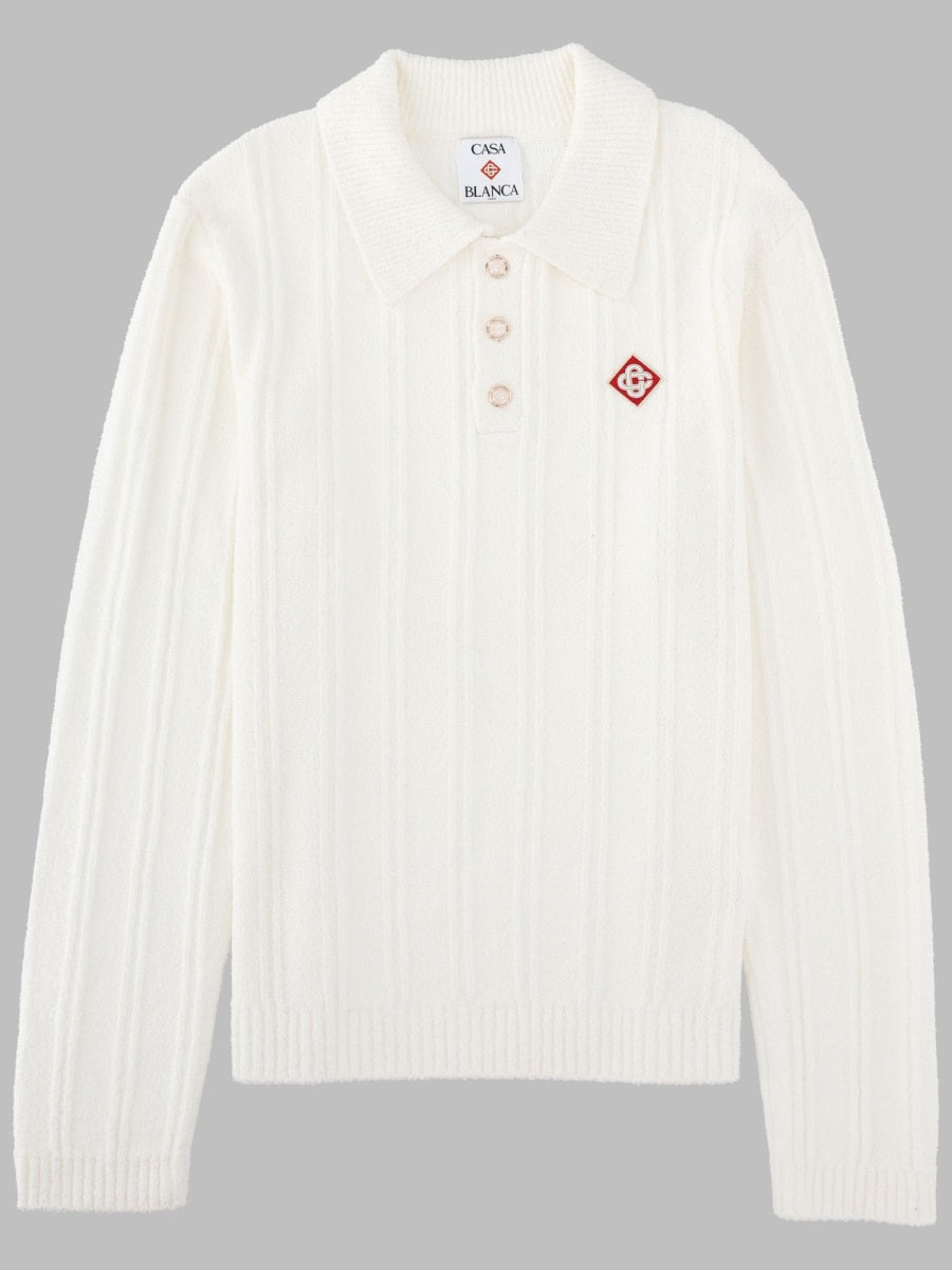 Polo Shirt Long-Sleeve Bouclé White Cotton Nylon