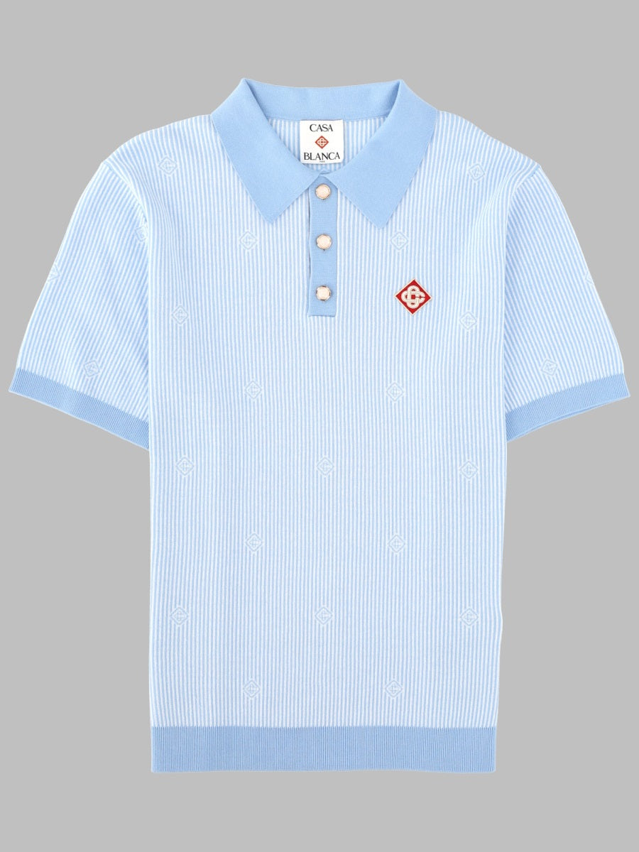 Polo Shirt Striped Knit Azure Cotton