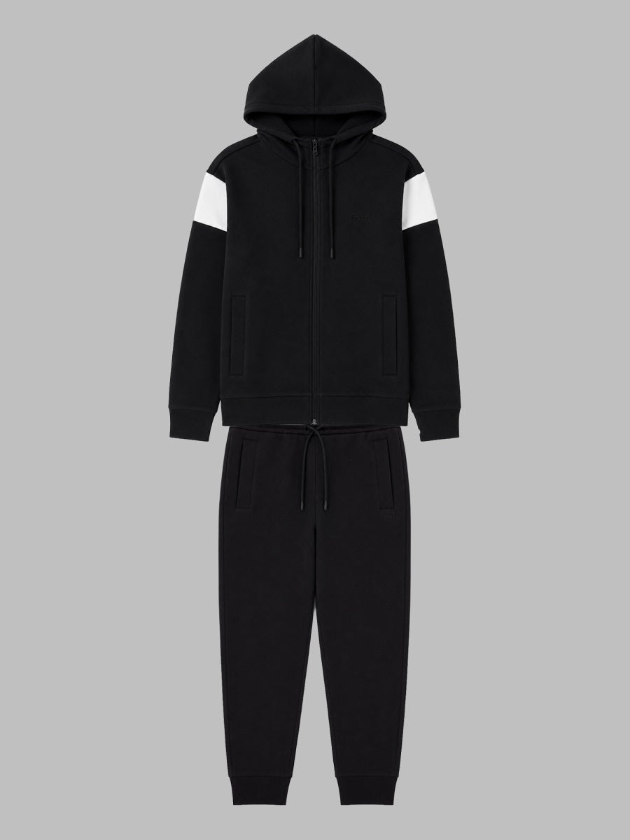 Hooded Tracksuit Set Black Cotton Polyester Elastane Track Pants