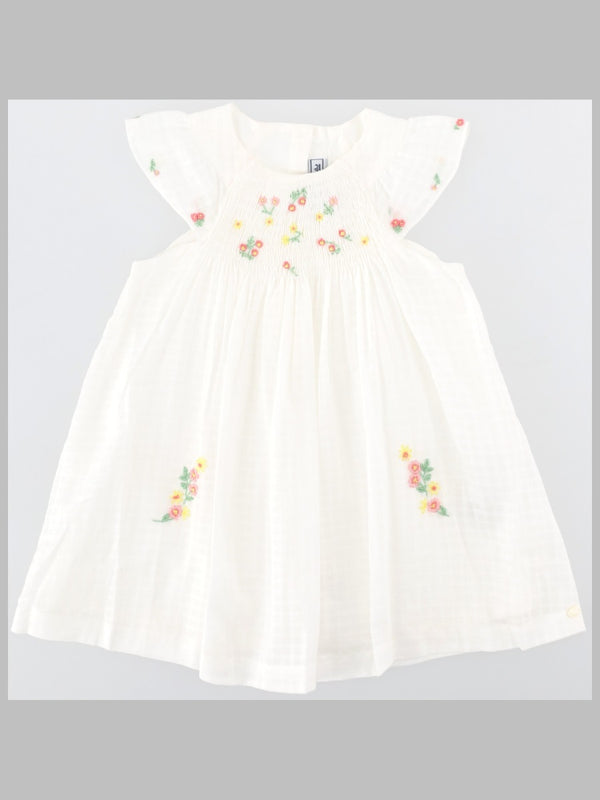 Girls Floral Embroidered Dress White Cotton