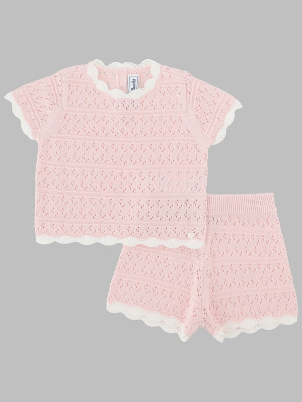 Crochet Knit Top And Shorts Set Pink Cotton Accessory