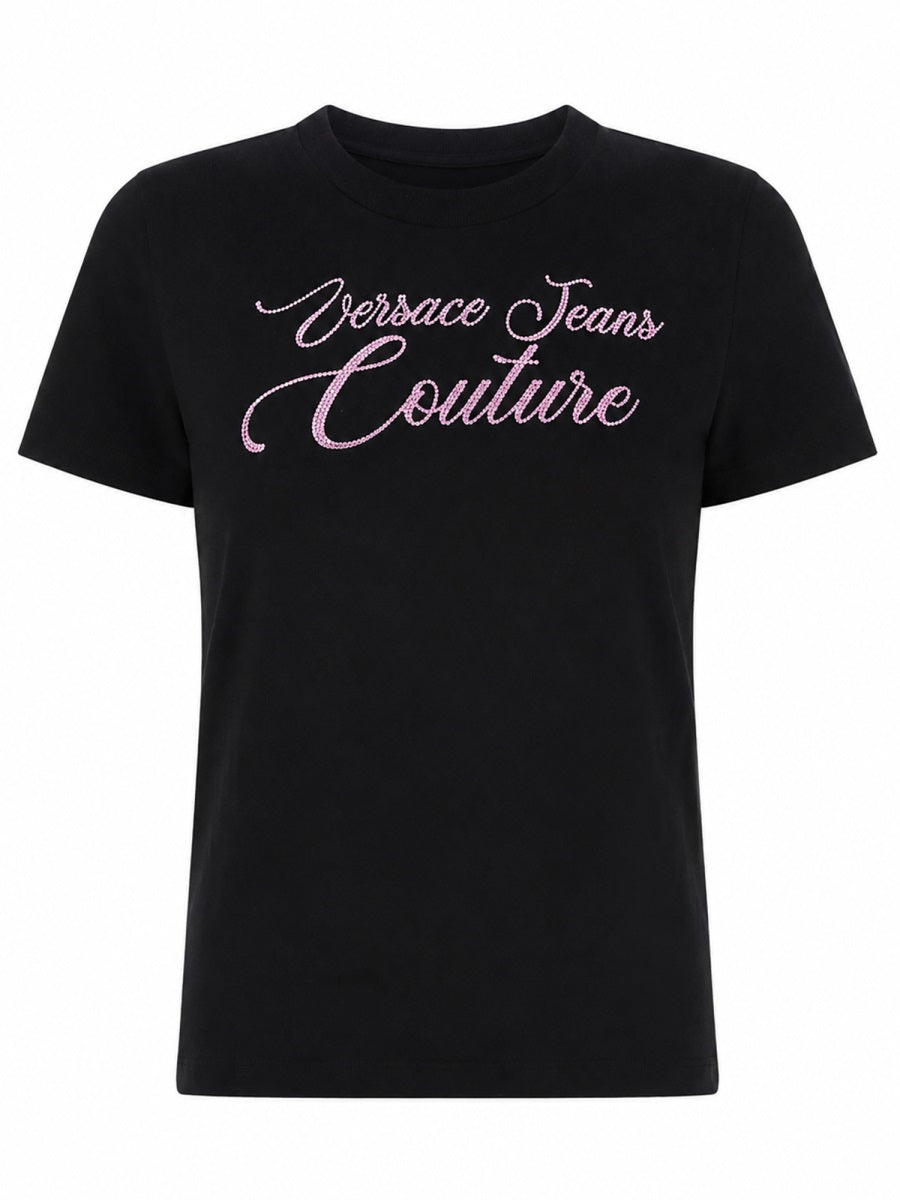 T-Shirt With Logo And Strass - Black Cotton T-shirts