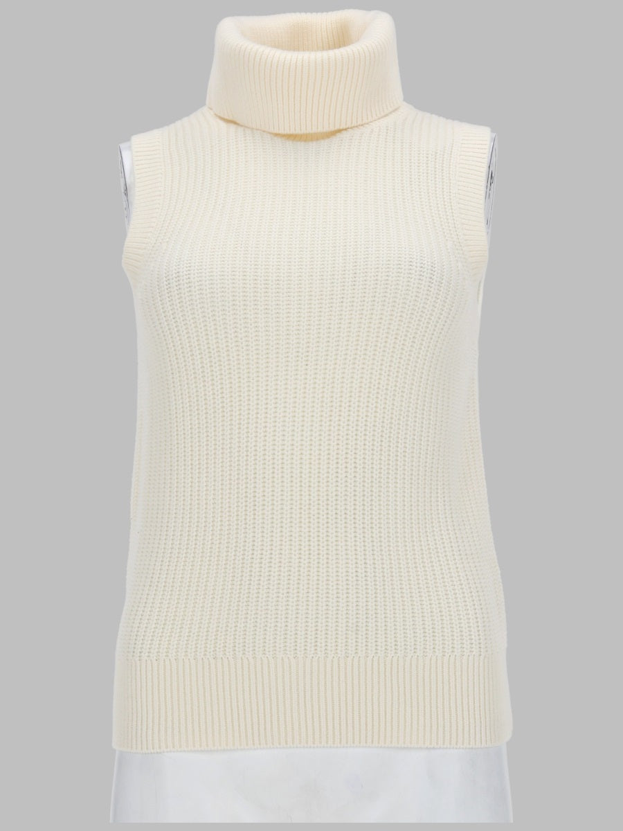 Sleeveless High-Neck Wool-Blend Top White Wool Cotton Jumpers