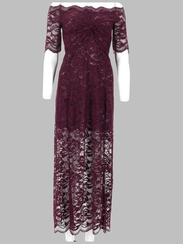Layered Lace Midi Dress Burgundy Polyamide