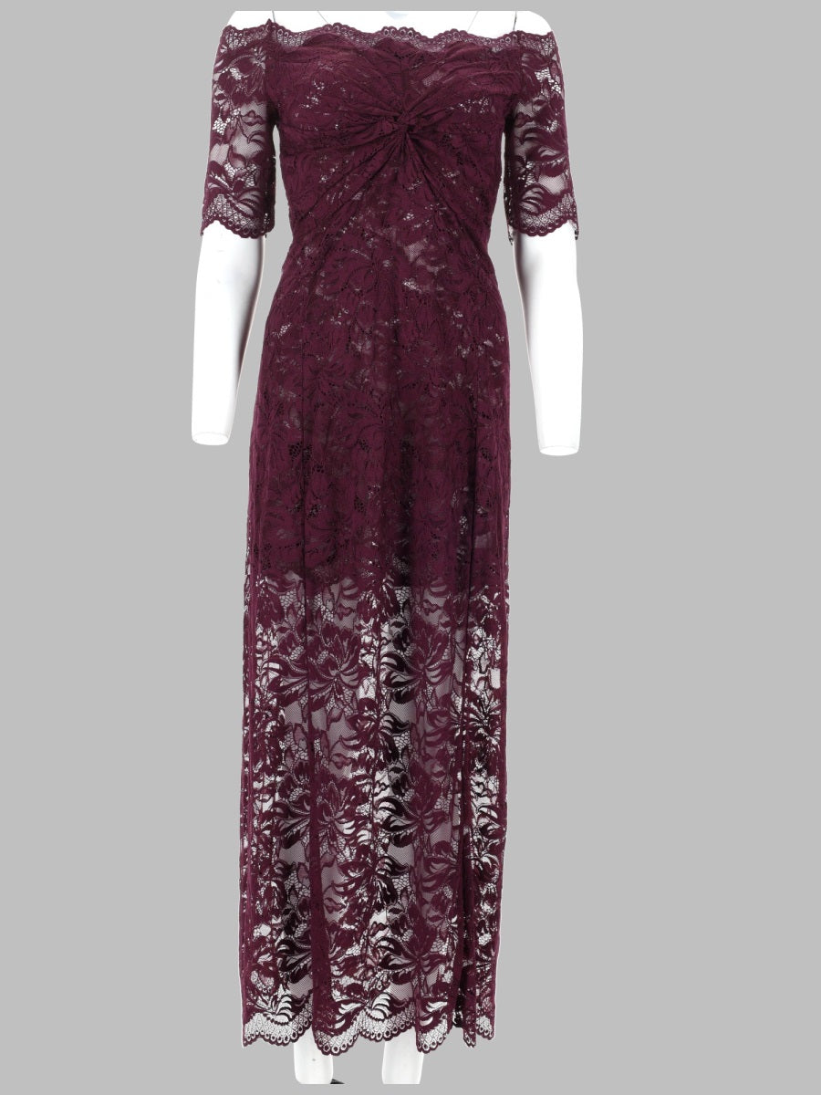 Layered Lace Midi Dress Burgundy Polyamide