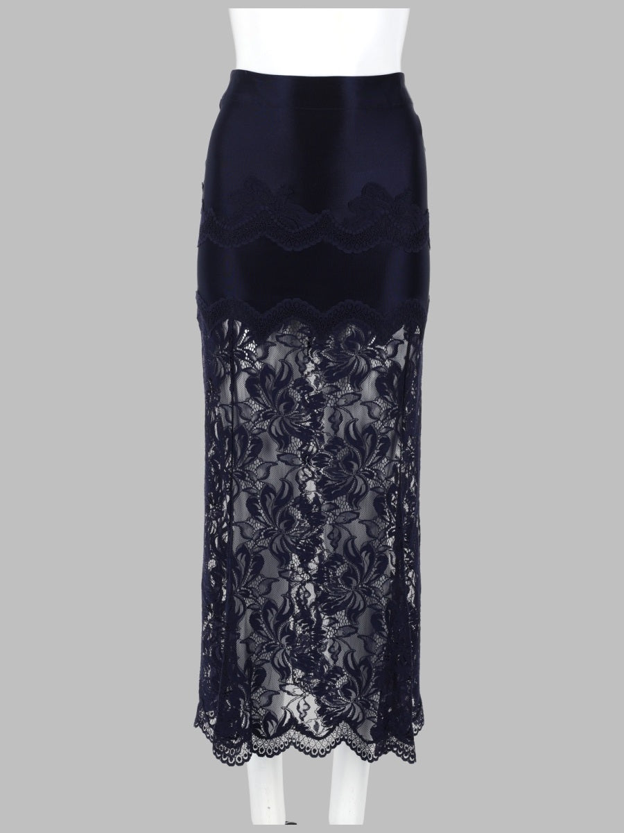 Midi Skirt Lace And Jersey, Blue Polyamide Elastane
