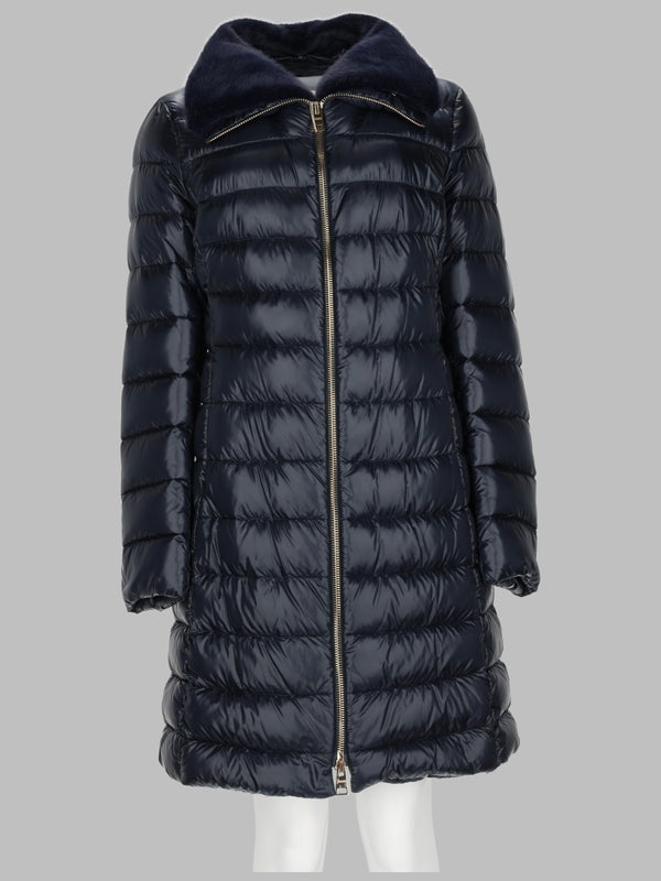 Long Quilted Down Jacket Blue Polyamide Trench & Raincoats