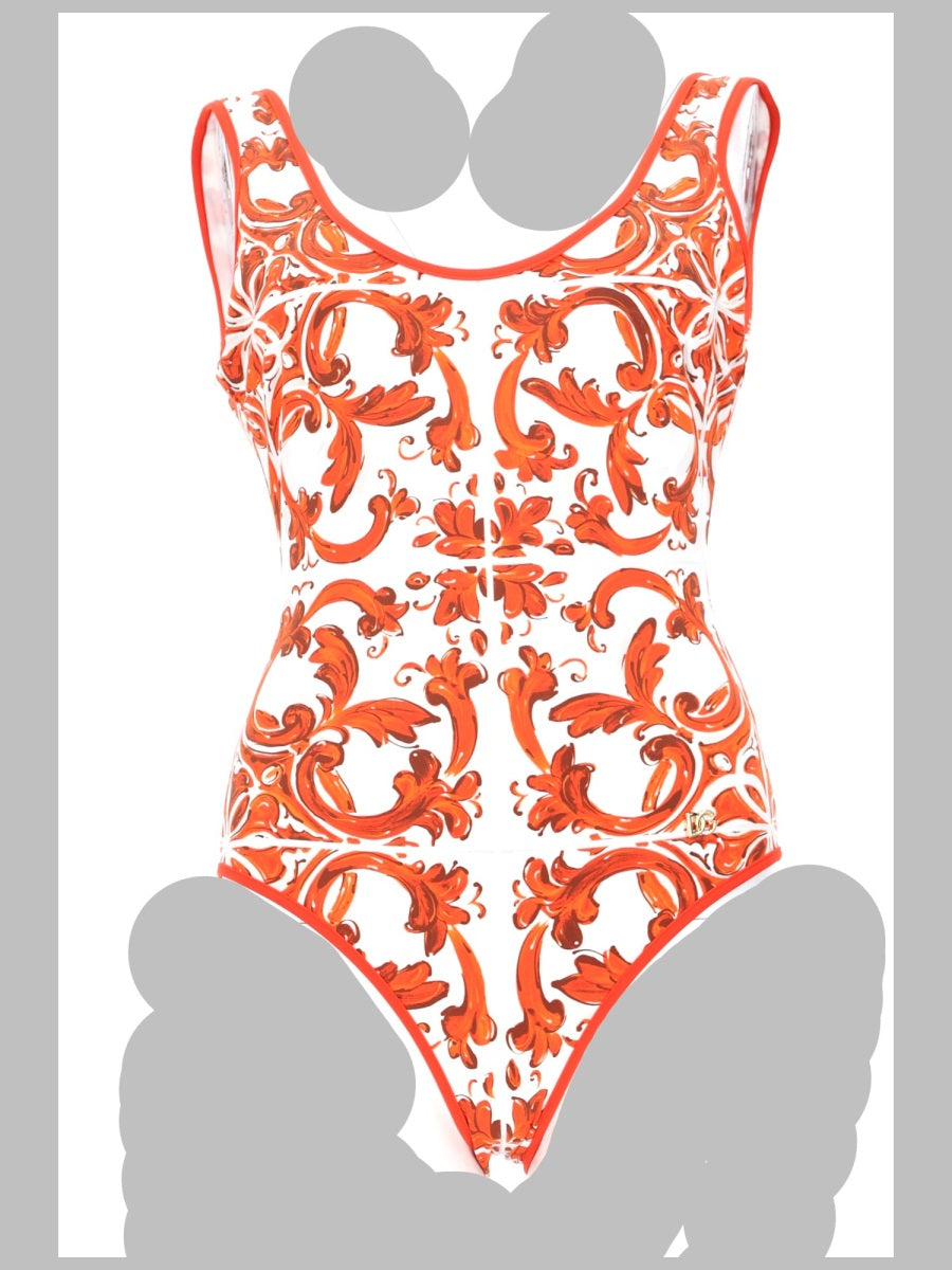 One-Piece Swimsuit Maiolica Print Orange Polyamide Elastane Swim Shorts