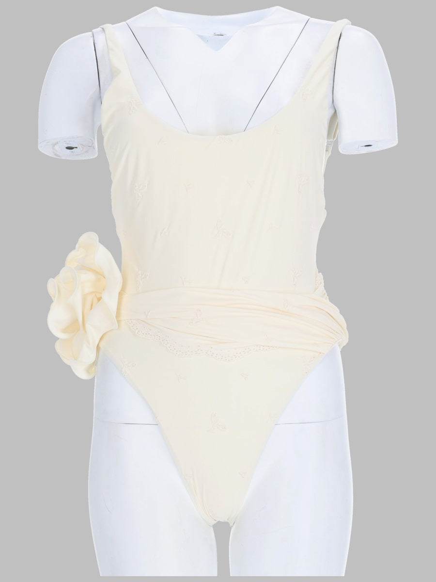 One-Piece Swimsuit With Embroidered Roses Beige Polyamide Swim Shorts