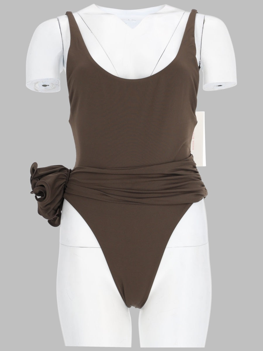 One-Piece Ruched Swimsuit Brown Polyamide Swim Shorts