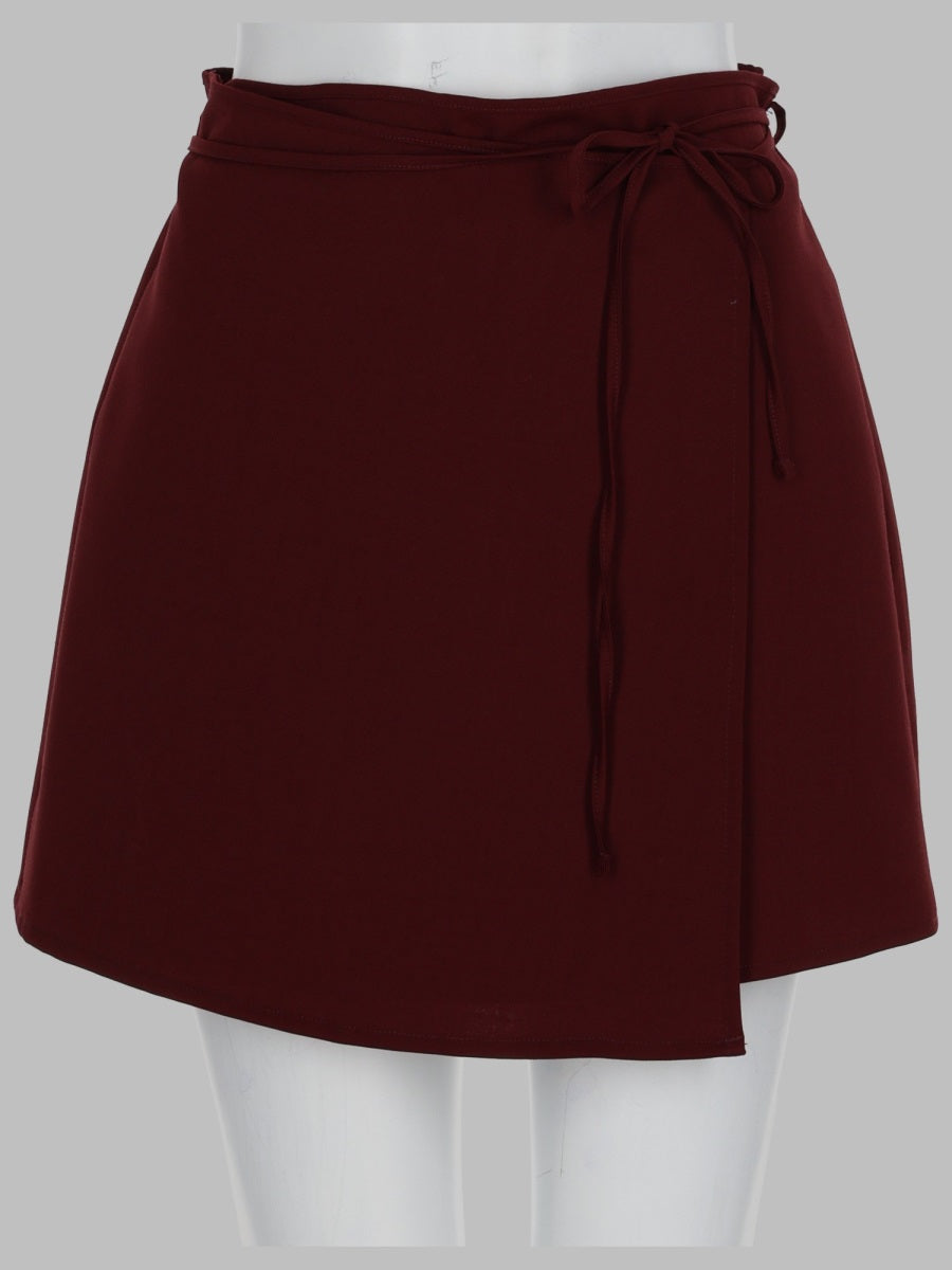 Wrap Miniskirt Bordeaux Wool Blend Polyester Skirt