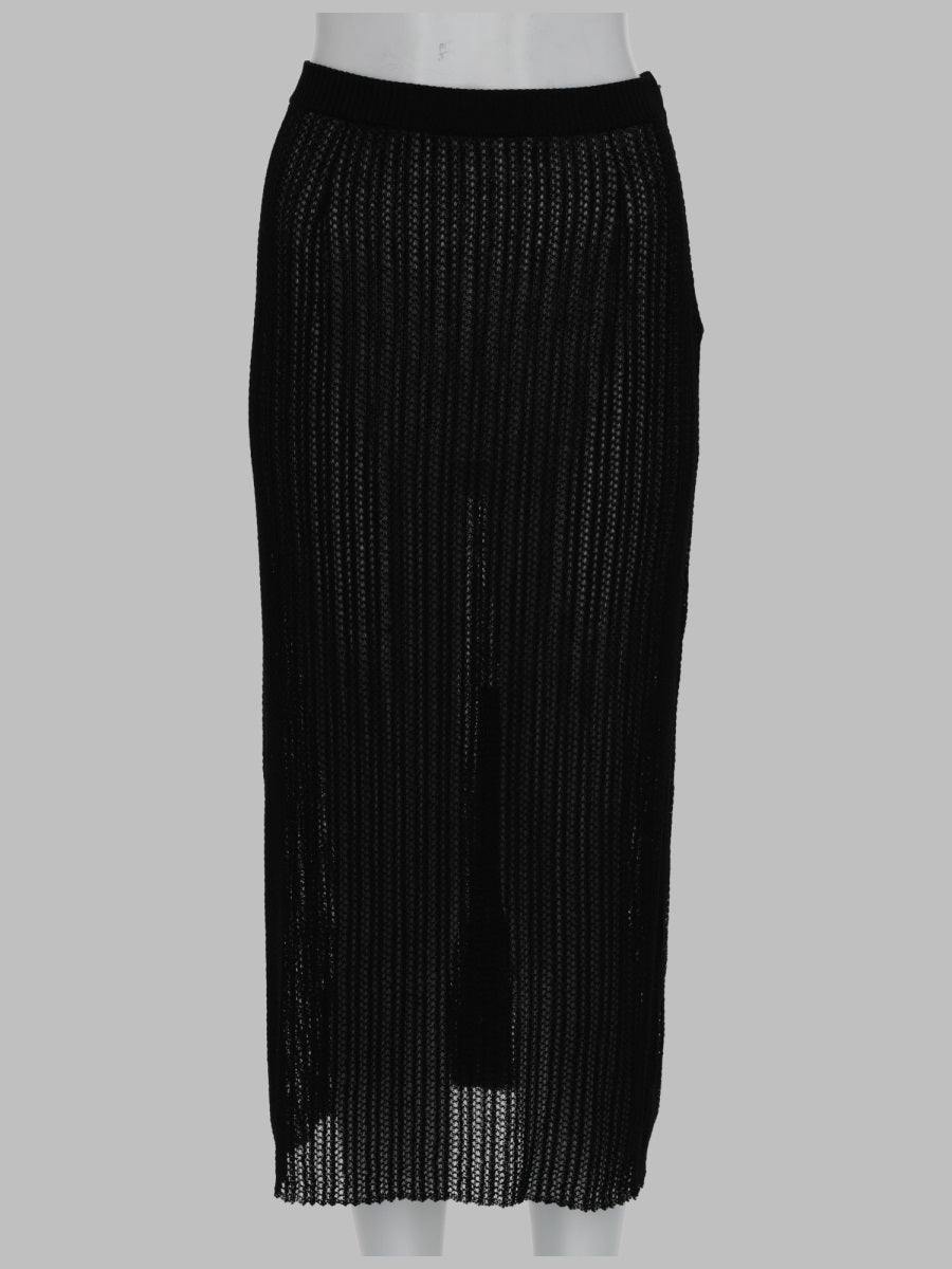 Midi Skirt Ribbed Knit Black Polyester