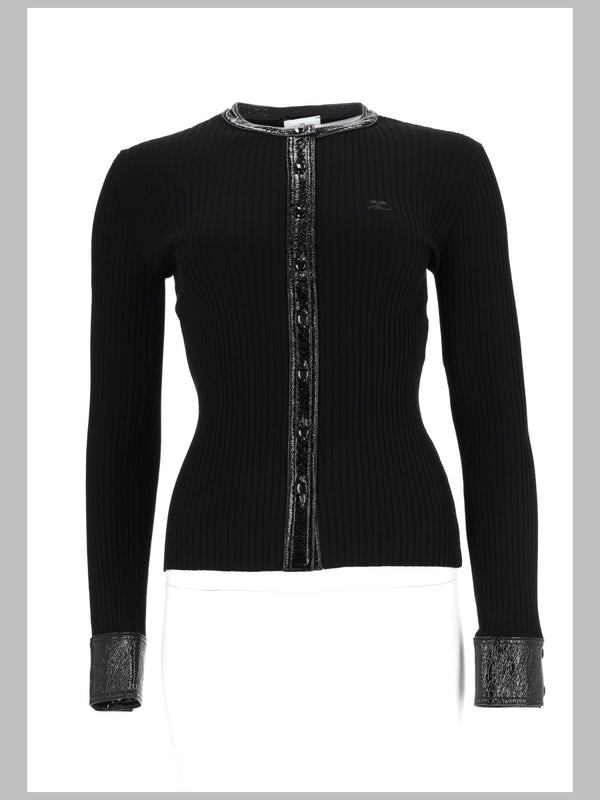 Ribbed Cardigan With Vinyl Details Black Viscose Jumpers