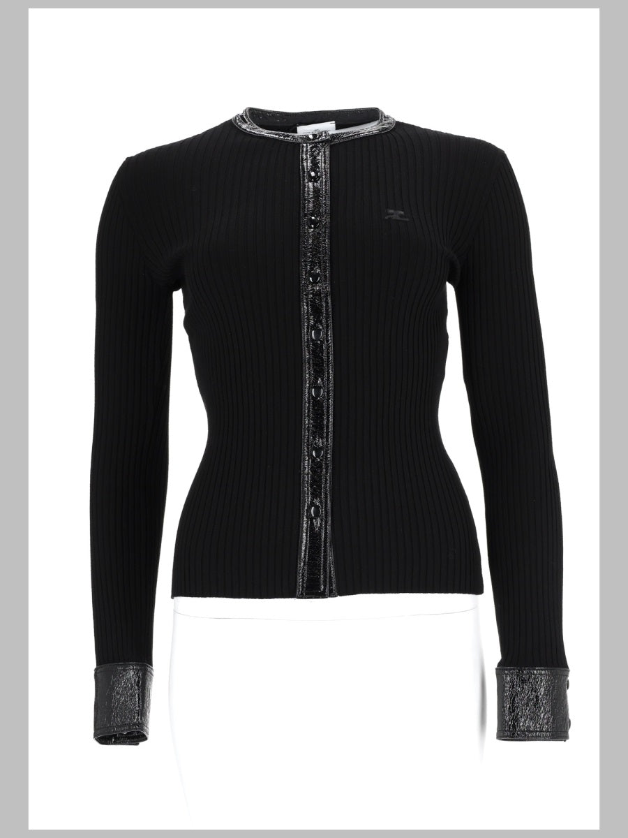 Ribbed Cardigan With Vinyl Details Black Viscose Jumpers