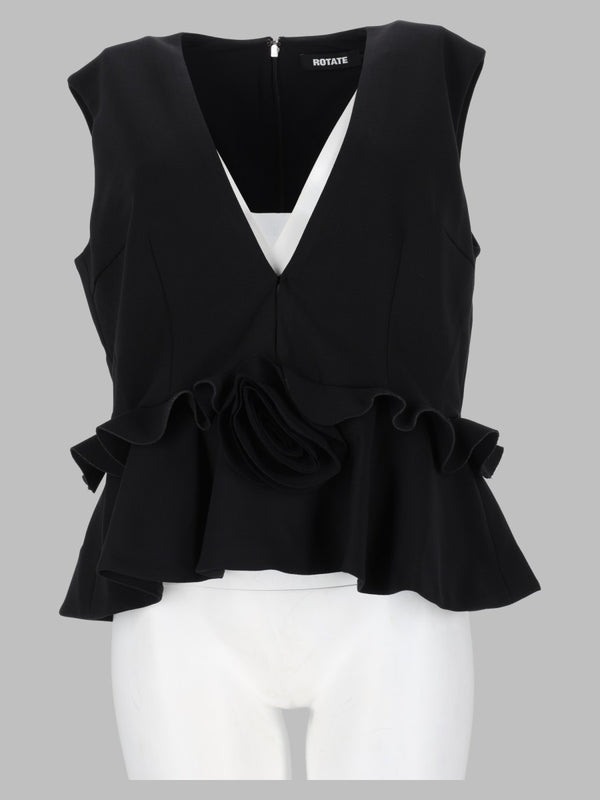 V-Neck Top With Floral Appliqués Black Recycled Polyester