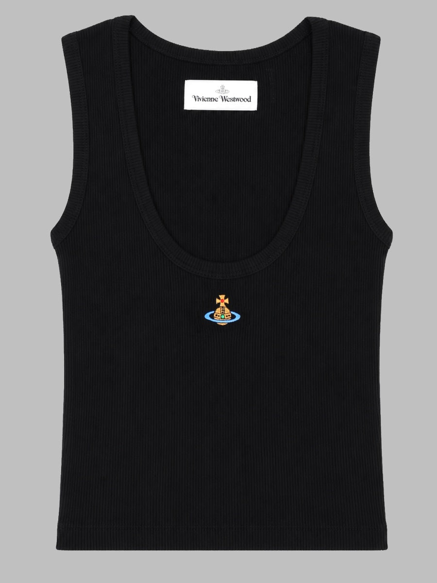 Cropped Ribbed Logo Top Black Viscose Tops