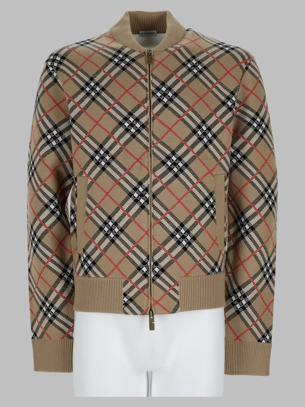 Zip-Up Check Print Wool-Cotton Sweater Beige