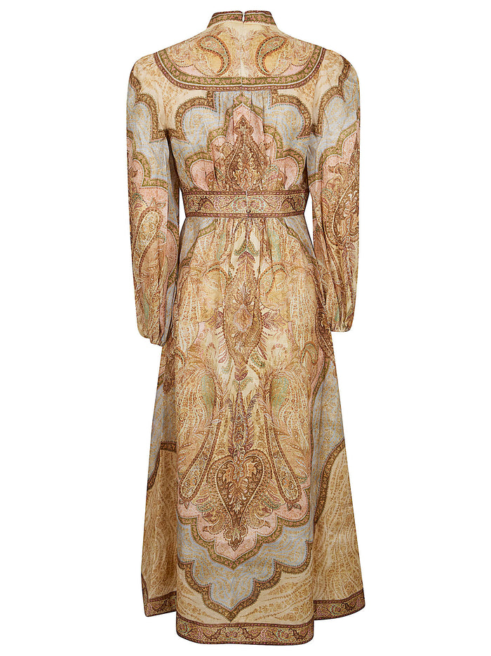 Wanderlust Plunge Midi Dress Multicolour Linen Abito