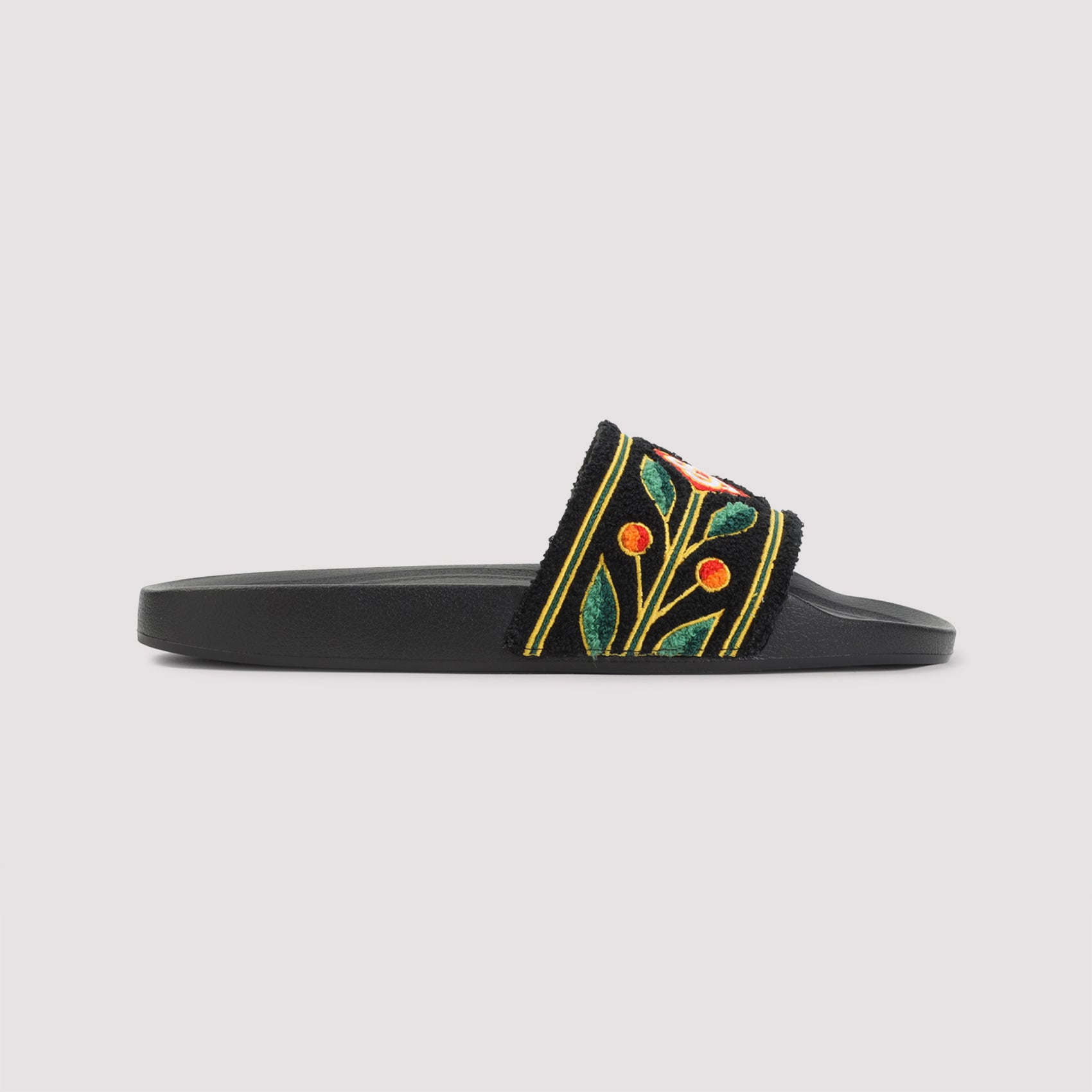 Embroidered Terry Slider Sandals Black Polyester Rubber