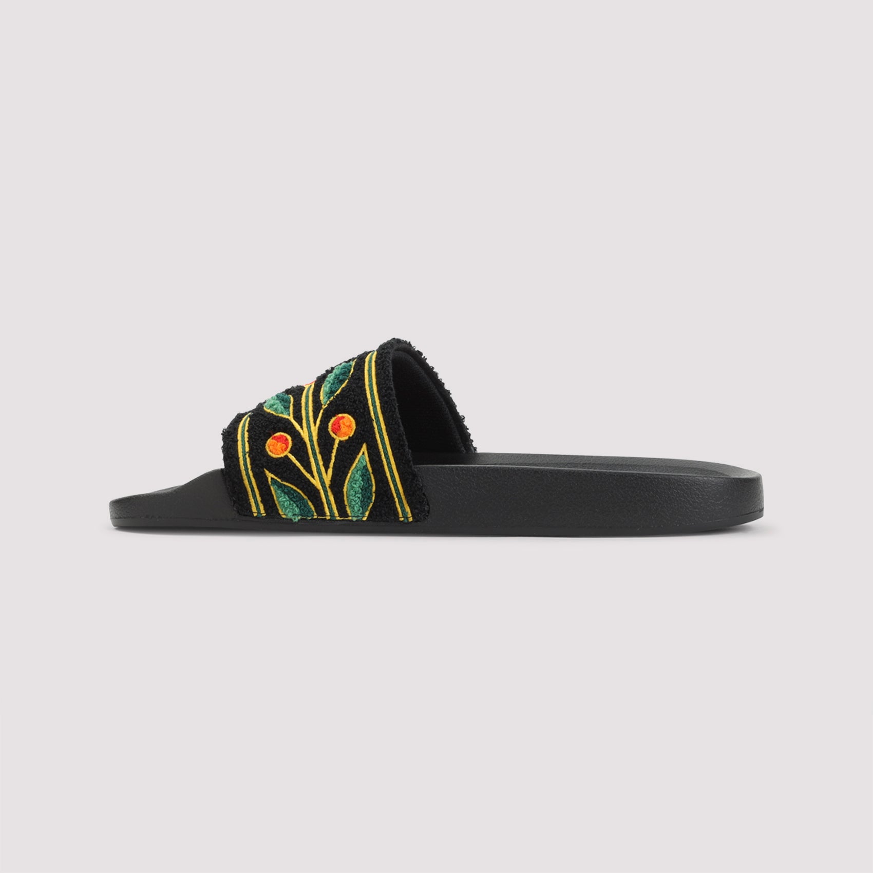 Embroidered Terry Slider Sandals Black Polyester Rubber