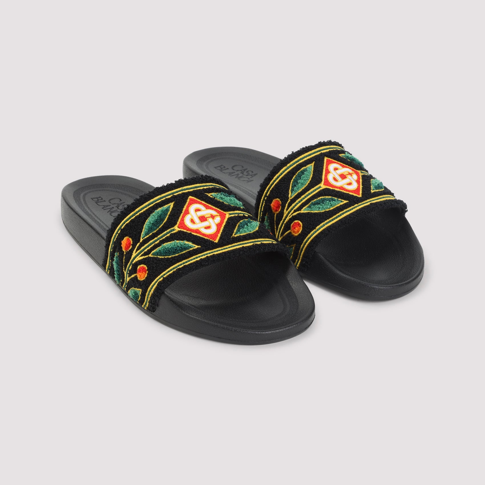 Embroidered Terry Slider Sandals Black Polyester Rubber