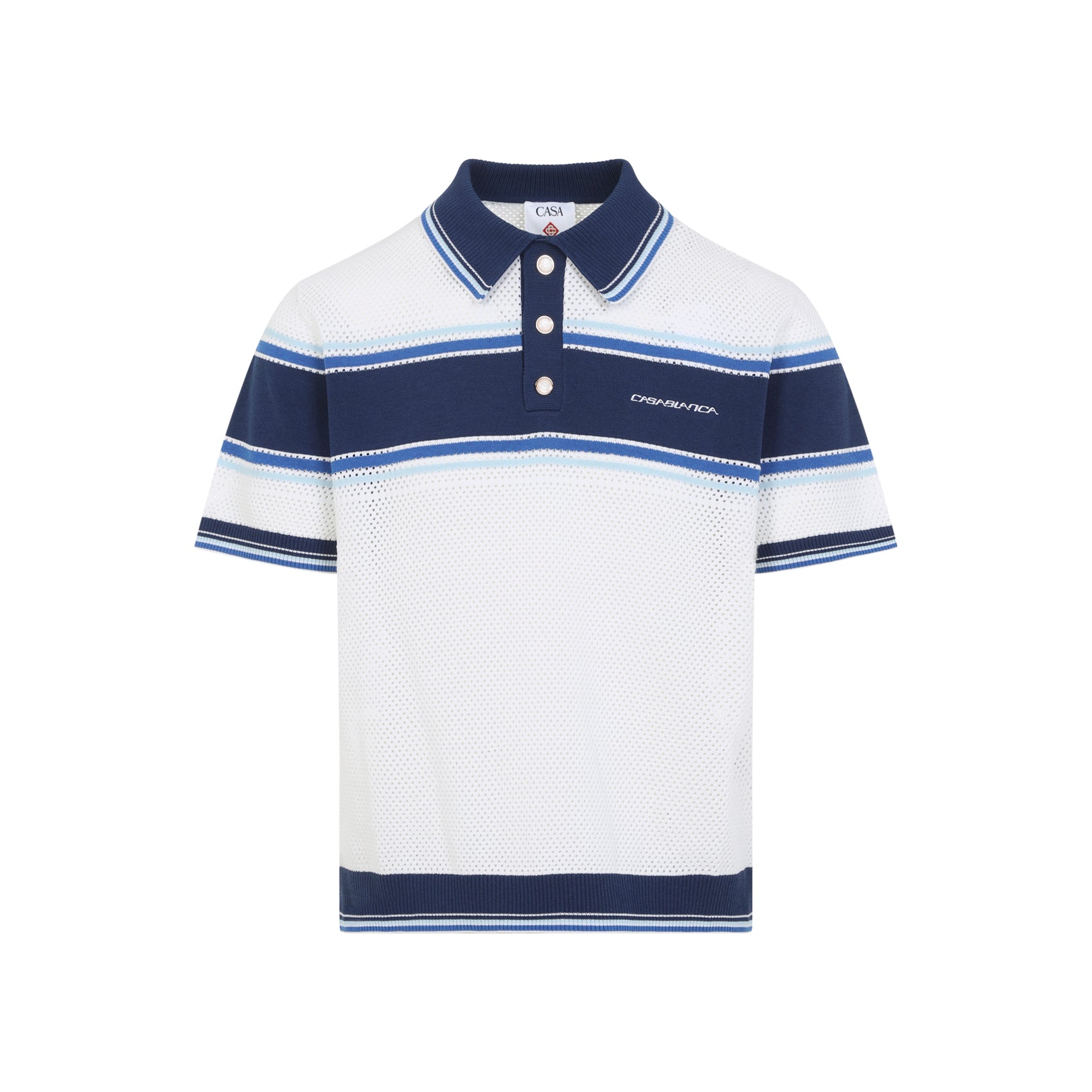 Mesh Stripe Polo White Cotton Wool Nylon Elastane