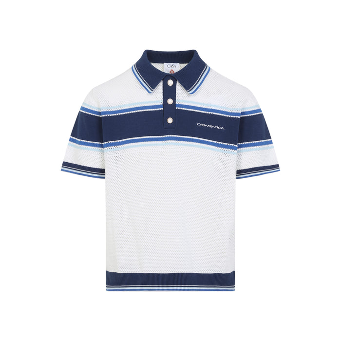 Mesh Stripe Polo White Cotton Wool Nylon Elastane