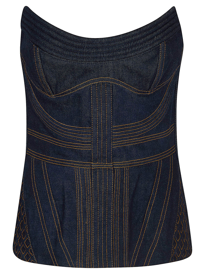 Rebellion Corded Denim Corset Blue Cotton Viscose Top