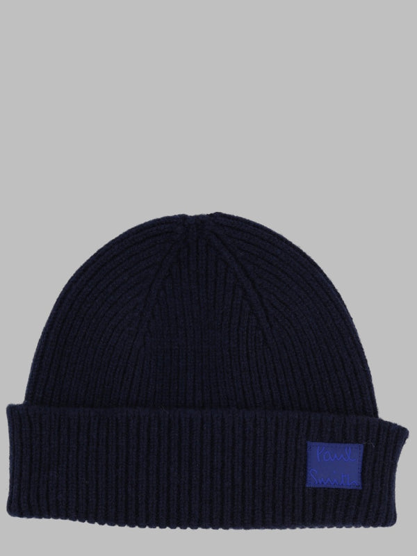 Ribbed Beanie With Logo Patch Blue Cashmere Accessory
