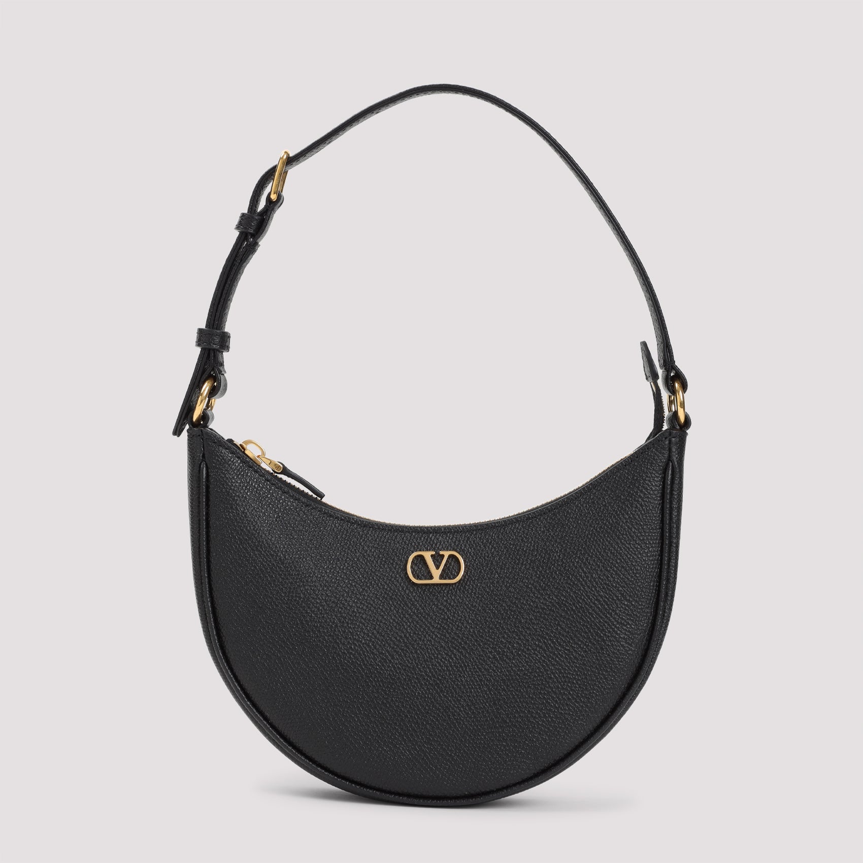 Mini Hobo V Logo Signature Handbag Black Grained Calf Leather Bag