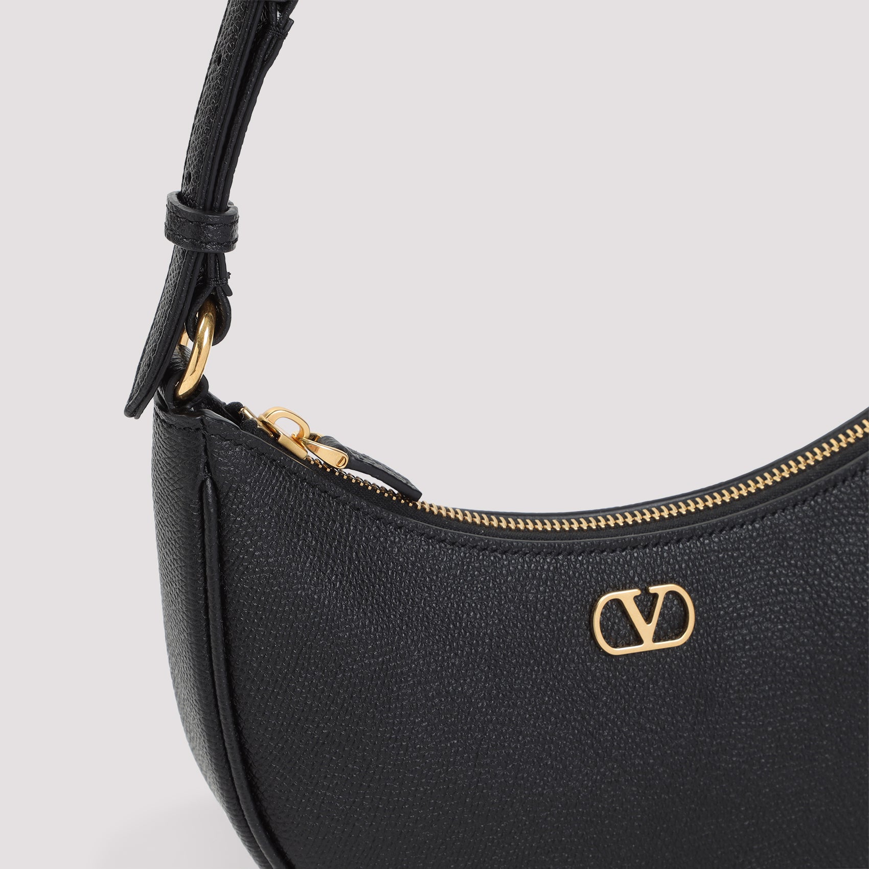 Mini Hobo V Logo Signature Handbag Black Grained Calf Leather Bag