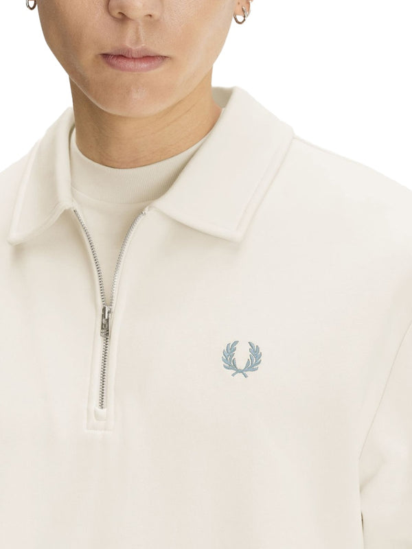 Sweatshirt With Zip And Logo Ivory Cotton Sweater