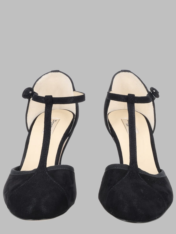 T-Strap Baya Black Suede Heels Goat Leather