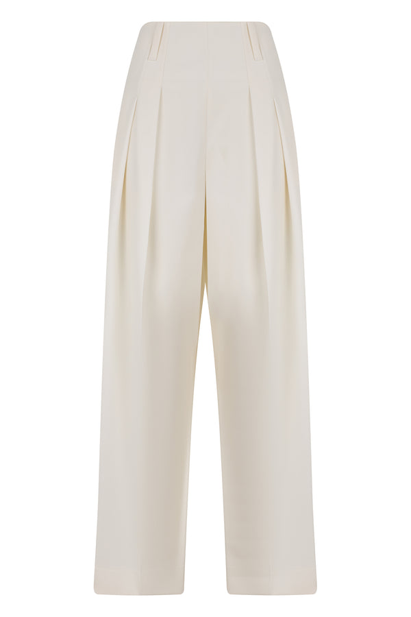 Trousers Pleated White Wool Wide-leg