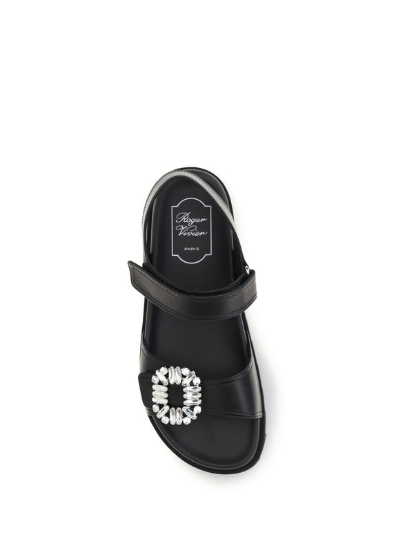 Leather Sandals With Crystal Buckle Black