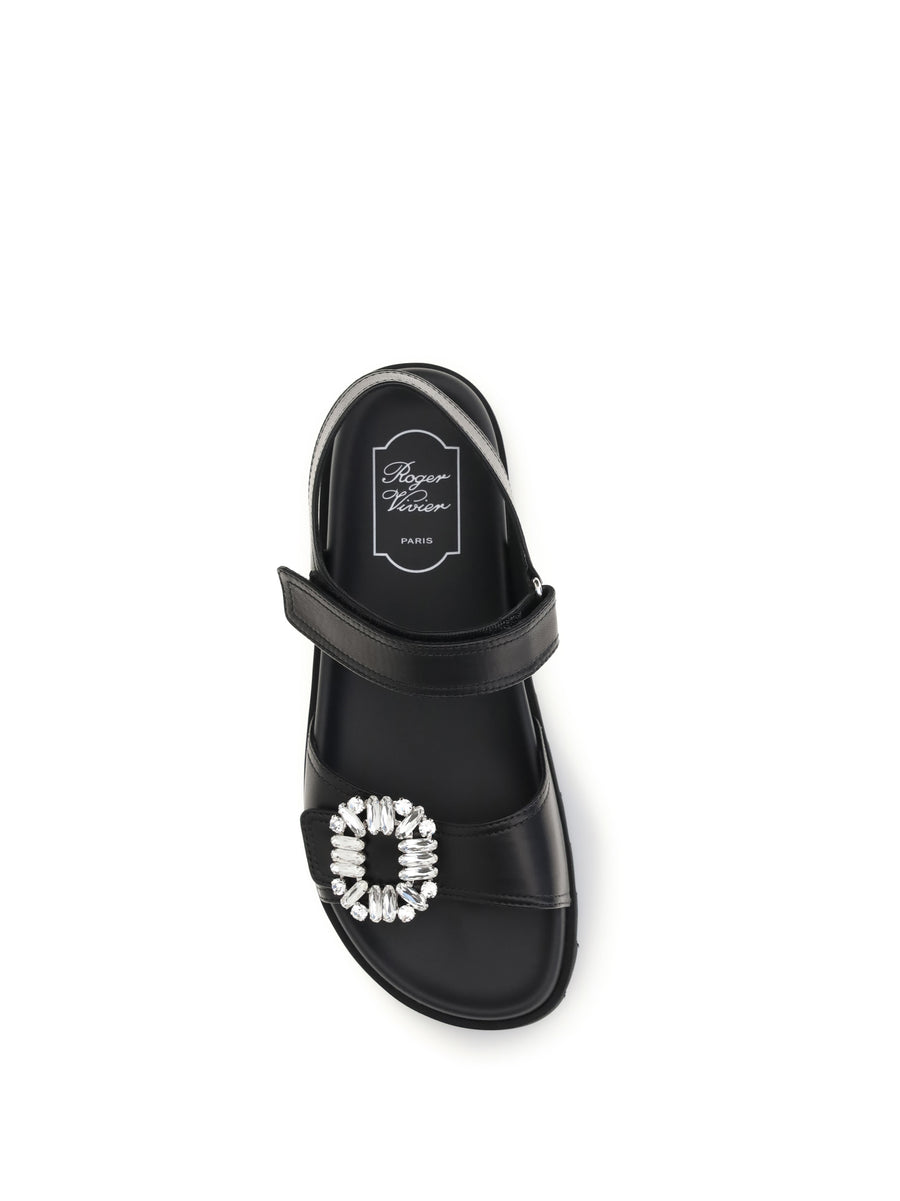 Leather Sandals With Crystal Buckle Black