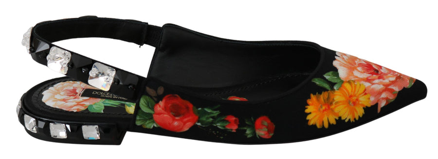 Black Floral Crystal Slingbacks Flats Shoes Viscose