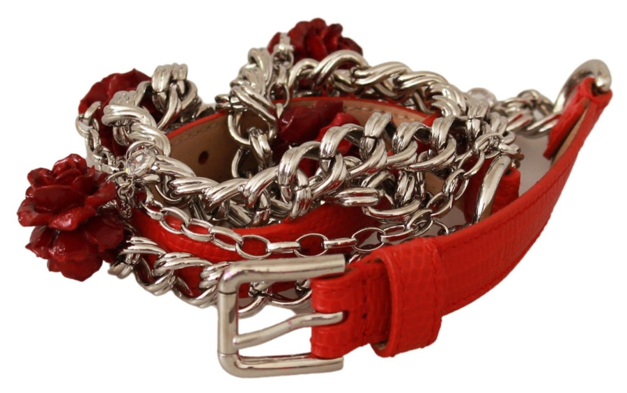Red Leather Roses Floral Silver Waist Belt Brass