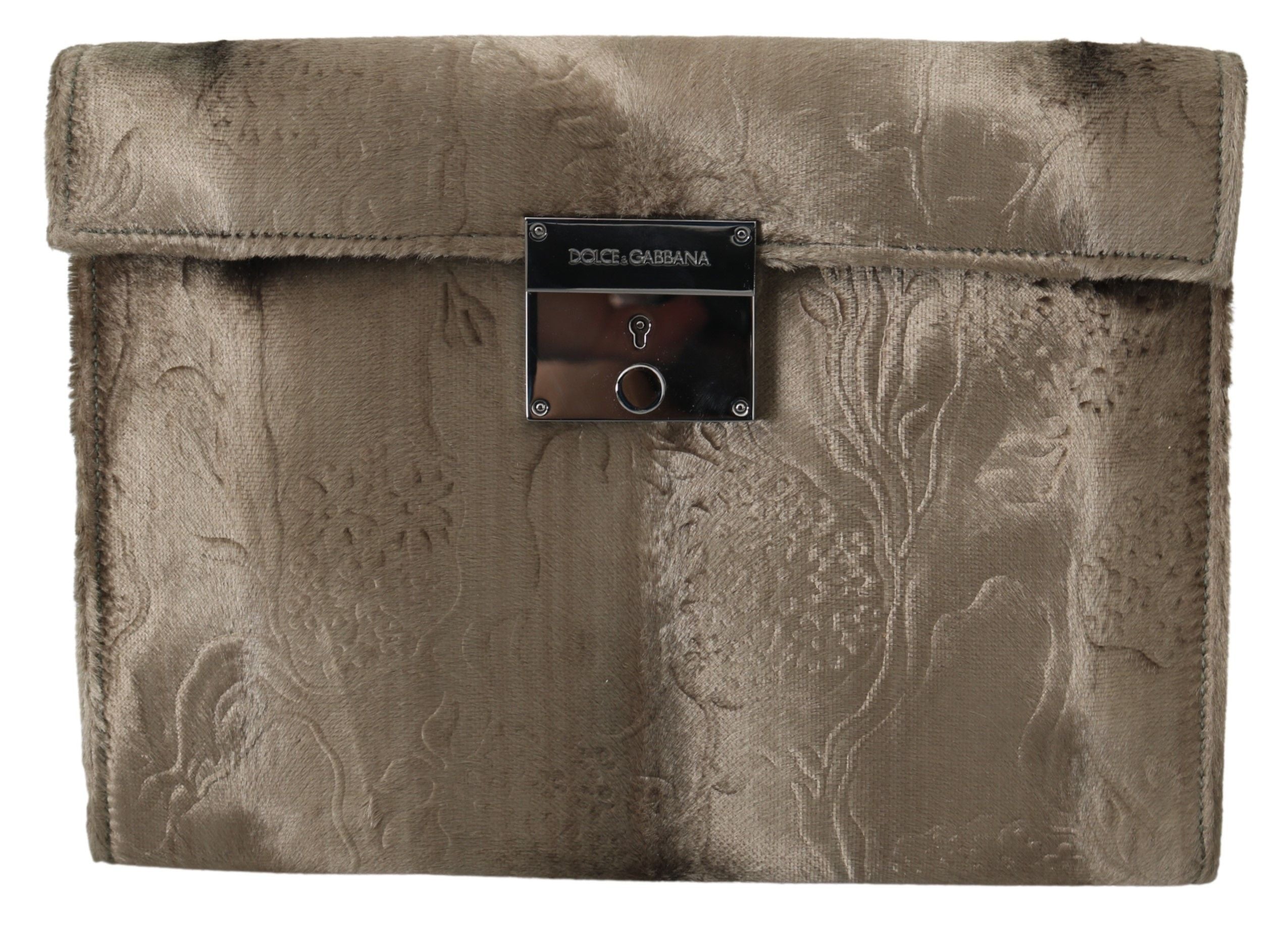 Beige Velvet Floral Leather Men Document Briefcase Bag