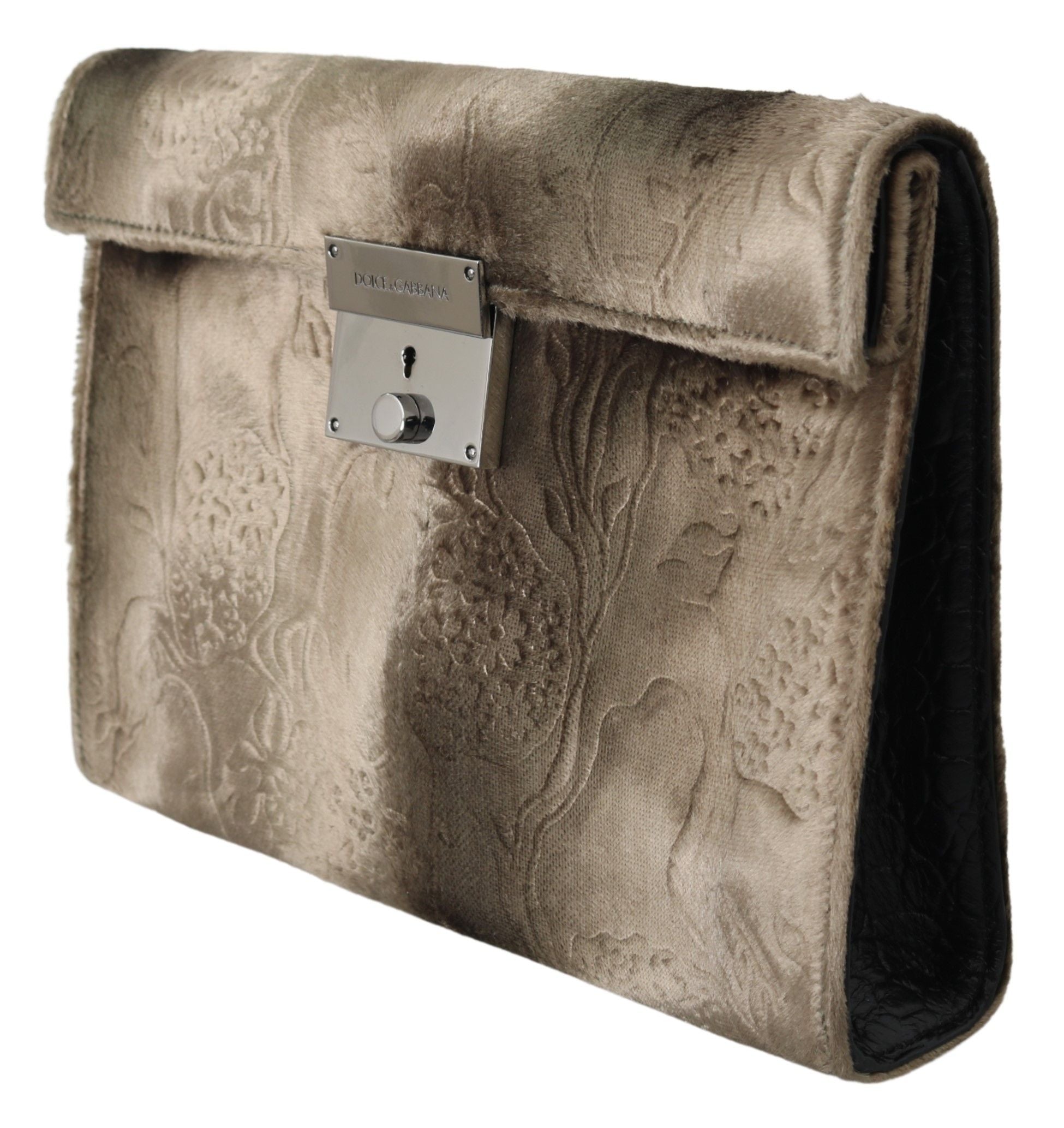 Beige Velvet Floral Leather Men Document Briefcase Bag