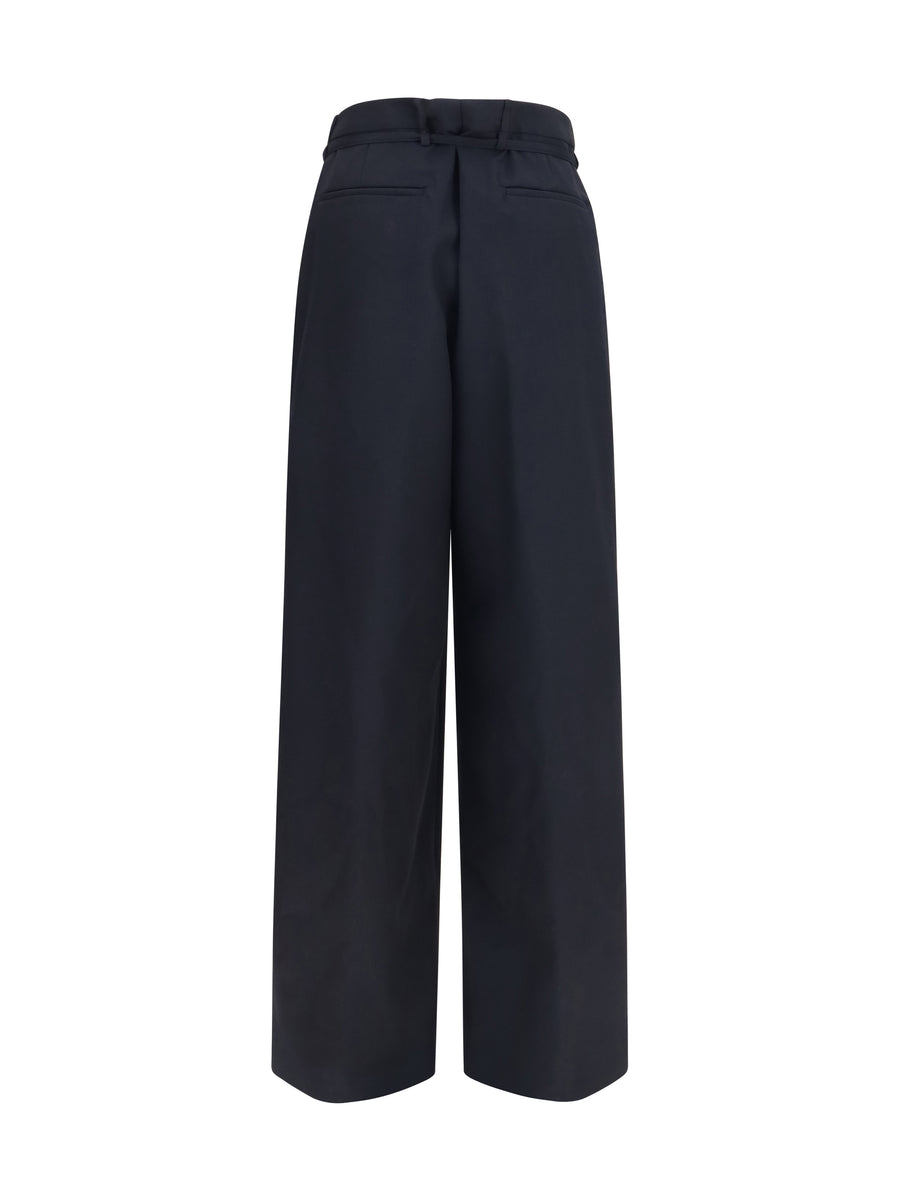 Wide-Leg Drawstring Trousers Black Merino Wool
