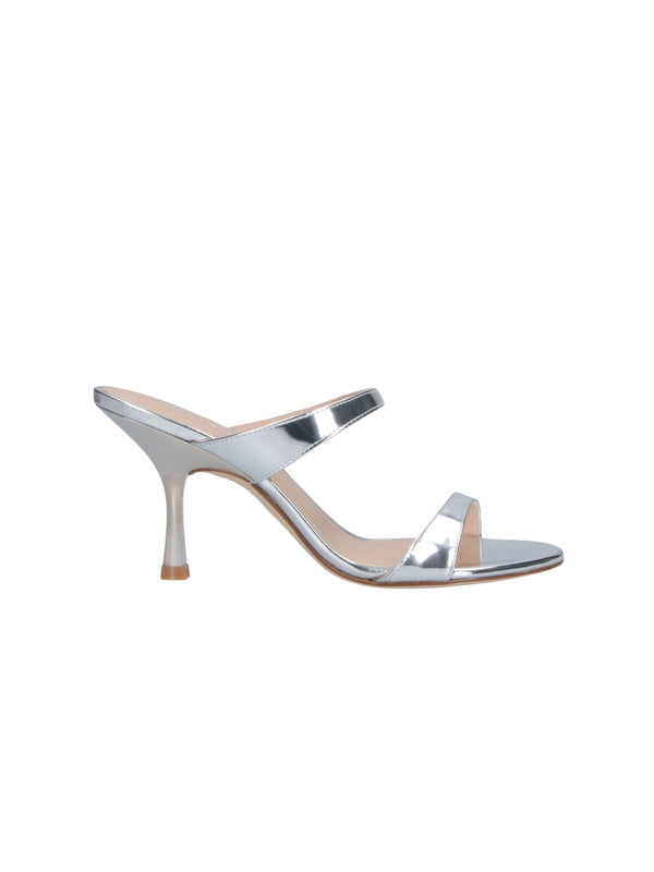 Stuart Weitzman Upper: 100% Polyurethane Coated Calf Leather mule heel in silver