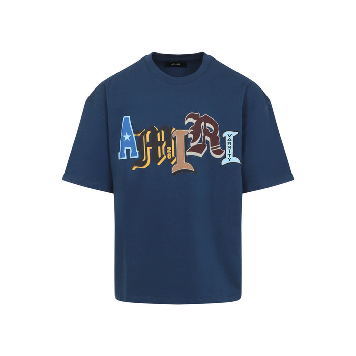 Varsity Patch Oversized Tee Blue Cotton Tshirt