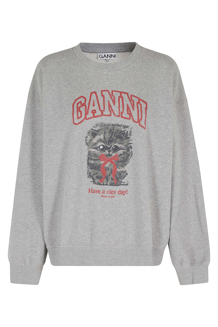 Isoli Crewmneck Margot Kitty Print Grey Organic Cotton Felpa